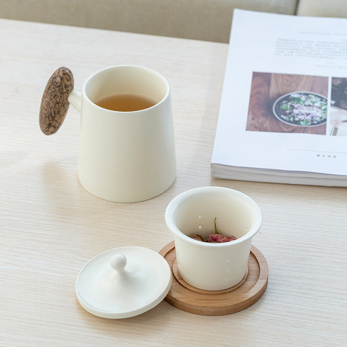 Porcelain Tea Cup and Lid With Filter | White 310ml, Wooden Handle Tea Cup and Lid - Black/White