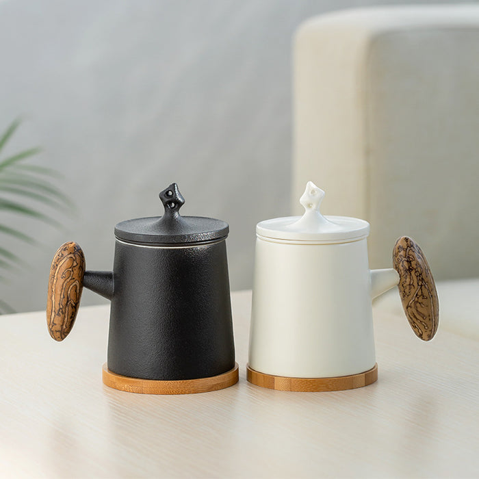 Porcelain Tea Cup and Lid With Filter | White 310ml, Wooden Handle Tea Cup and Lid - Black/White