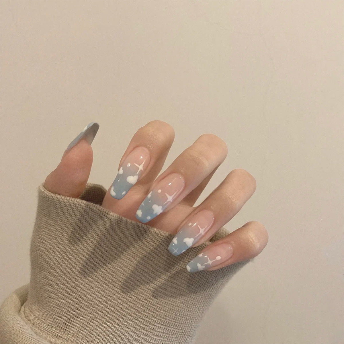 Blue Ombre Press-On-Nails with Cloud Motif